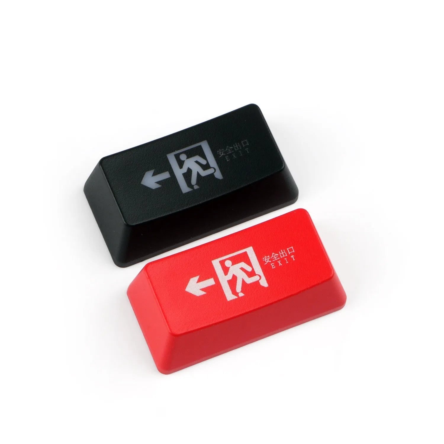 Red safety evacuation exit backspace key cap on a USB keyboard with transparent plastic construction
