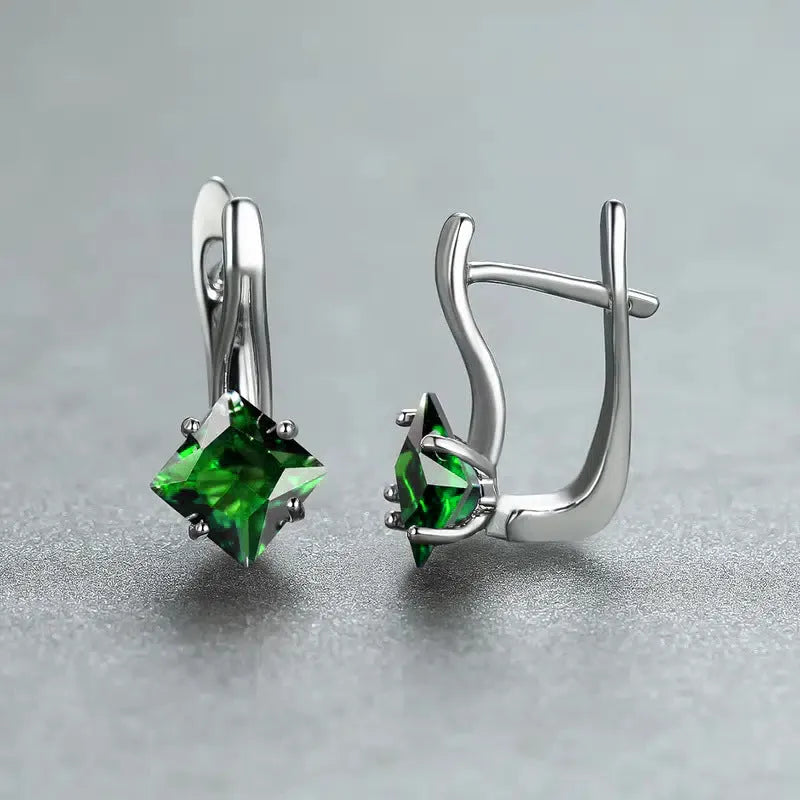 Copper women's earrings with inlaid zircon diamond design in blue, green, or colour variants.