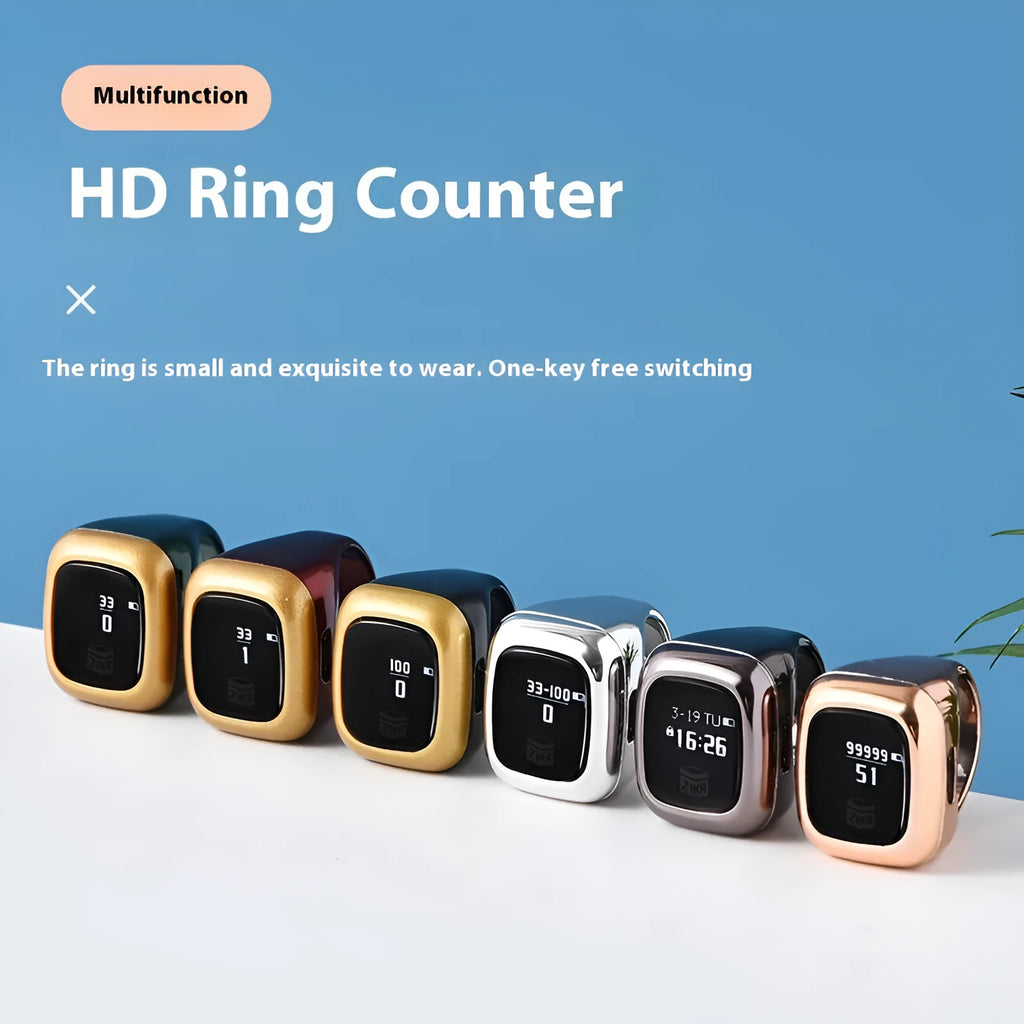 Electronic dhikr counter with digital display shown in various colours and bead sizes.