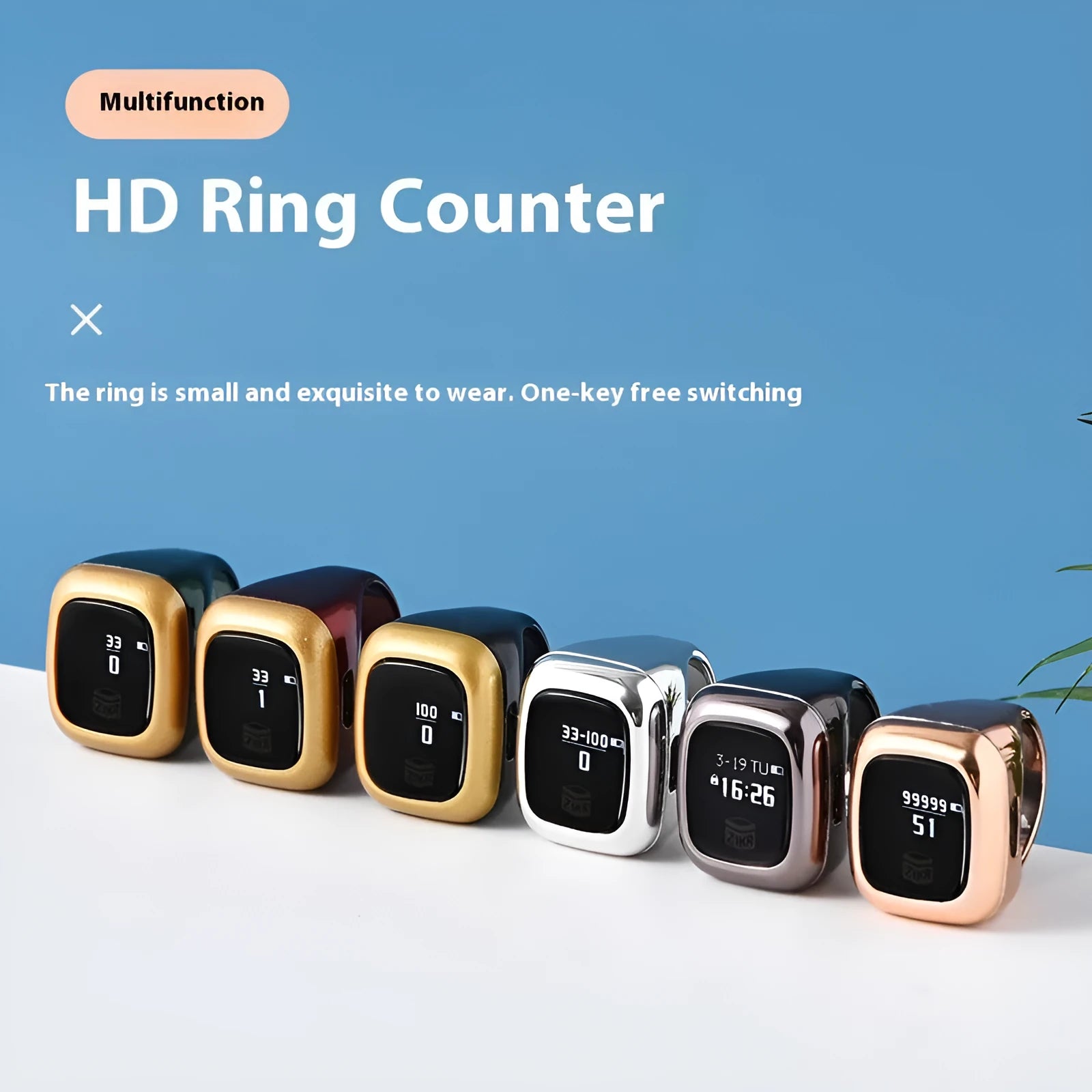 Electronic dhikr counter with digital display shown in various colours and bead sizes.