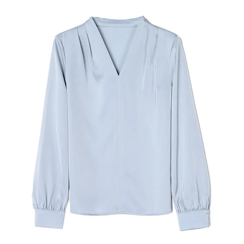 Women's long sleeve solid blue satin shirt with slim fit and 3D stitching, front view