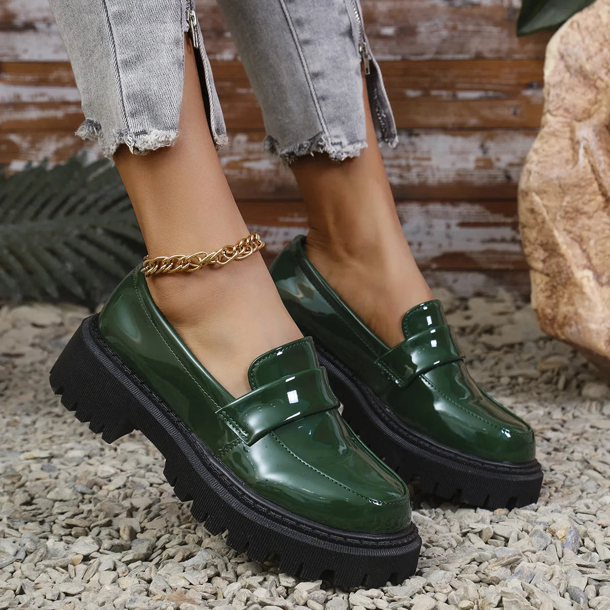 Plus size slip-on loafers with chunky heel in black, green, or wine red