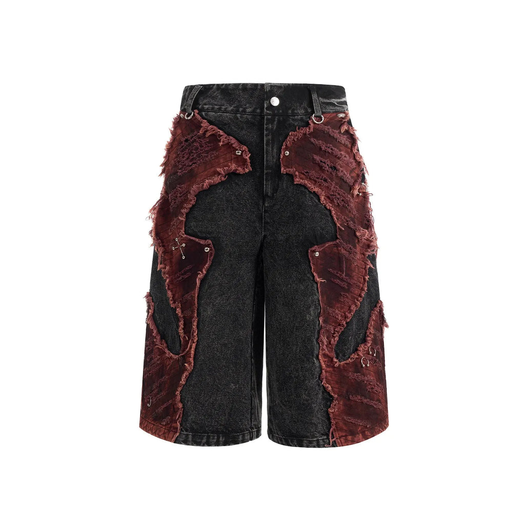 Distressed brushed stitching denim cropped pants for women, wide leg, mid-high waist, loose fit, picture colour