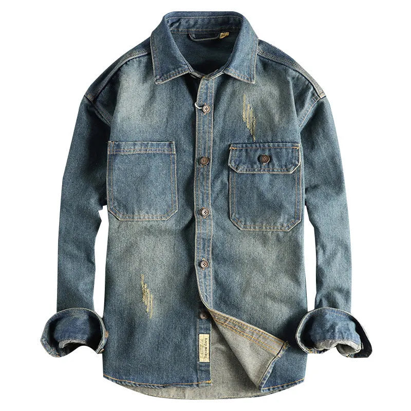 Men's light blue washed vintage denim shirt with loose cardigan style and long sleeves