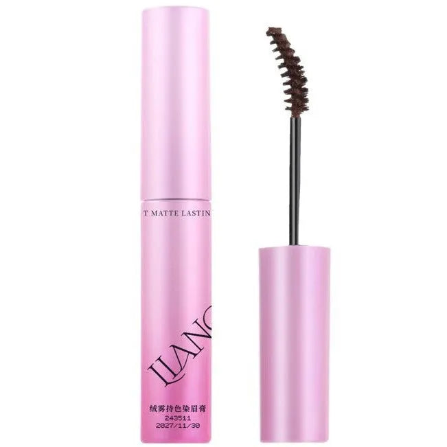 Long-lasting velvet matte eyebrow cream container showing four colour options including milk coffee coconut palm shade