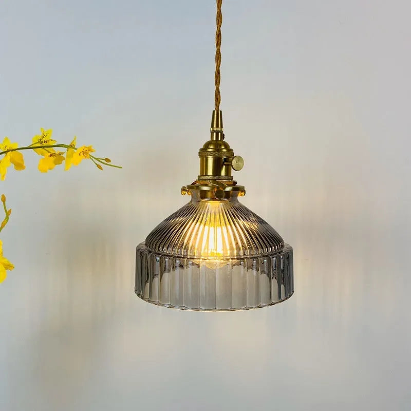 Nordic retro brass glass chandelier with H65 brass frame and amber glass shade on white background