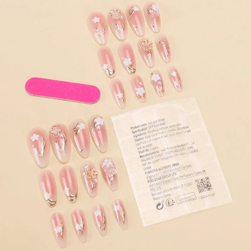 24 wearable nail tips in gold silk butterfly gradient with flower and starry sky patterns, medium almond shape