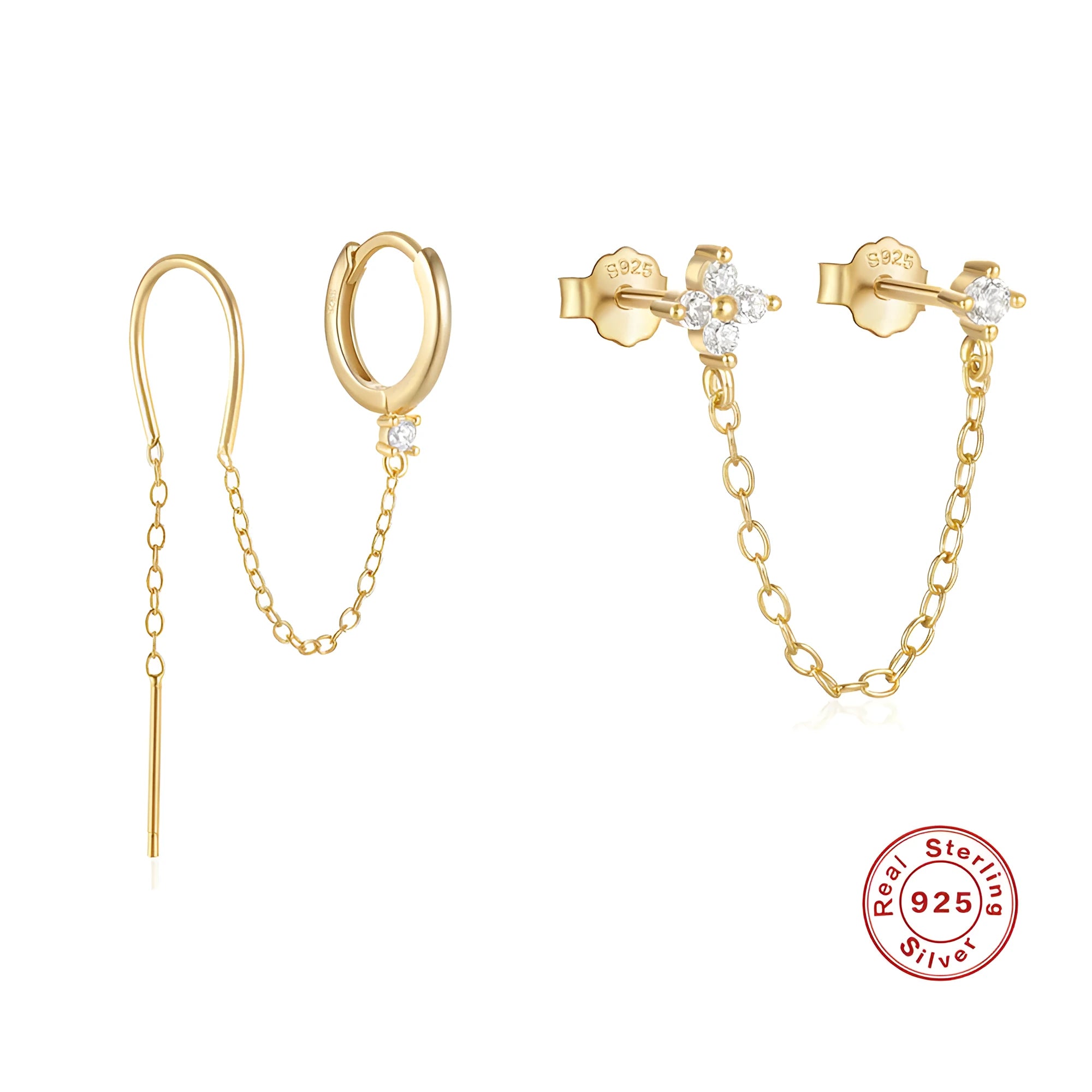 Golden tone sterling silver ear clip studs with a geometric flower, tassel, and chain design.
