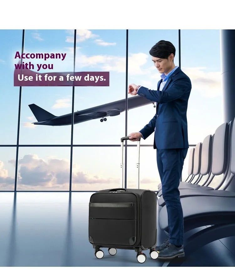 Black 18-inch Oxford cloth carry-on luggage with universal wheels and retractable handle