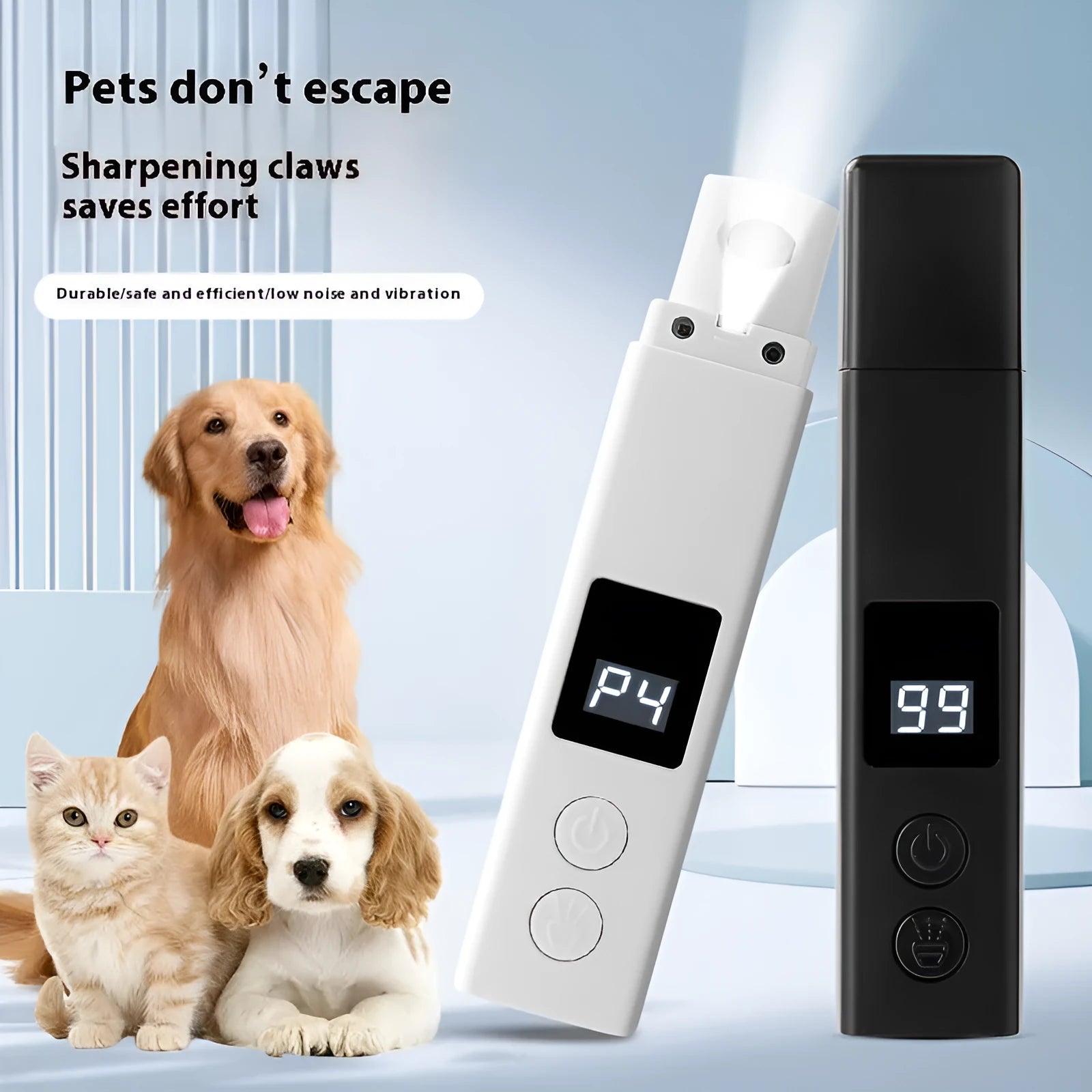 Pet electric nail grinder with dust cover and light, 150x30mm ABS, black finish, on white background