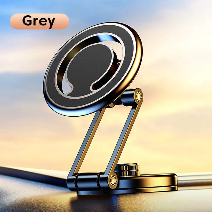 Telescopic folding car phone holder with magnetic mount on a car dashboard.