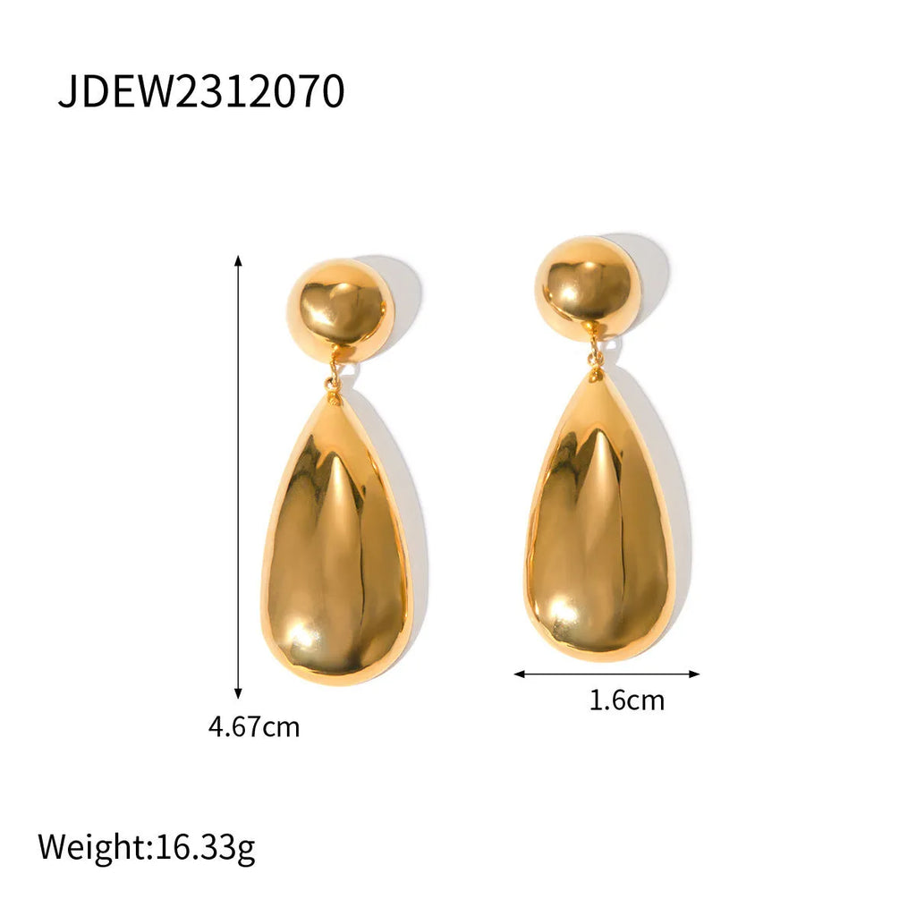 Gold electroplated stainless steel water drop pendant earrings with a geometric hemisphere design.