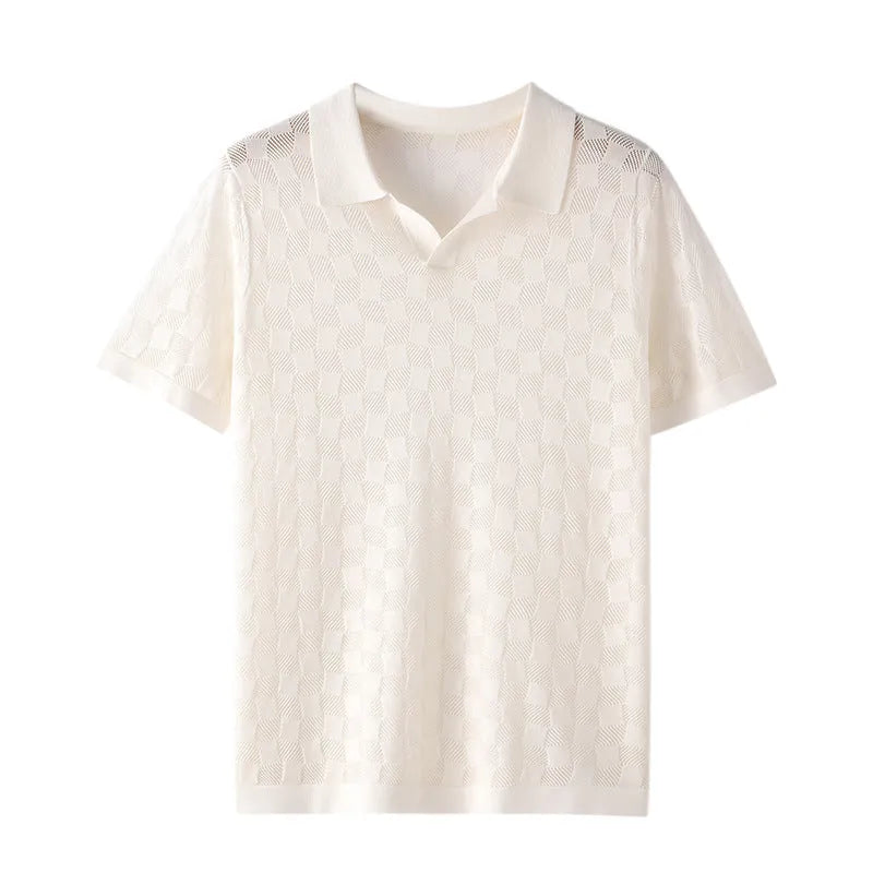 Men's Mulberry Silk short sleeve business casual sweater with lapels in Jacquard knit