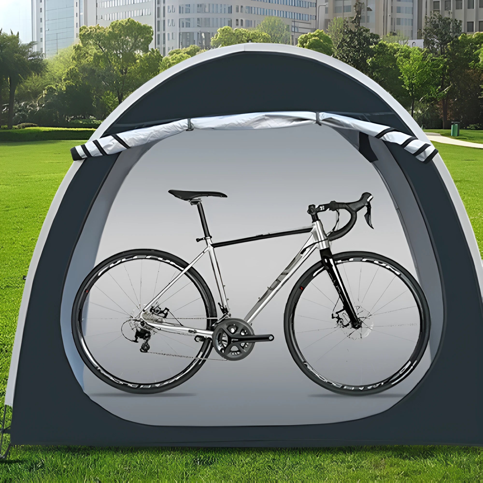 Black outdoor bicycle storage tent for 2-3 bikes with ground nails and brackets, size 185x65x165cm