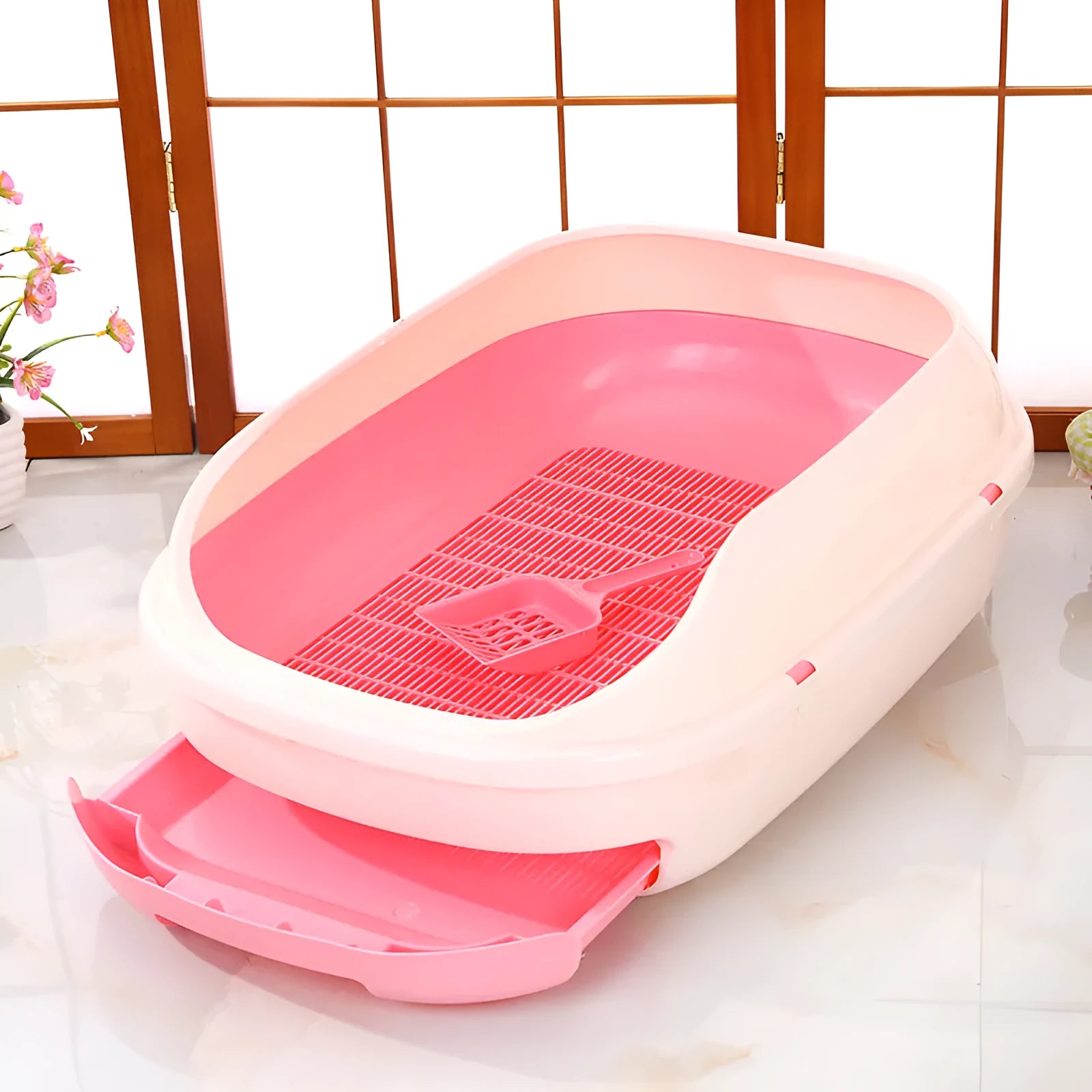 Semi-closed double layer cat litter box with grid drawer large size 51cm PP gray