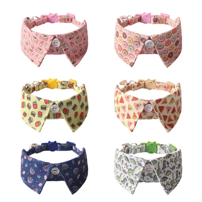 Peach skin fabric pet collar with metal accessories, 28cm long, in dinosaur or cake design
