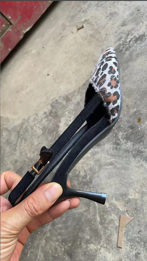 Women's leopard print suede sandals with pointed toe and high heel design