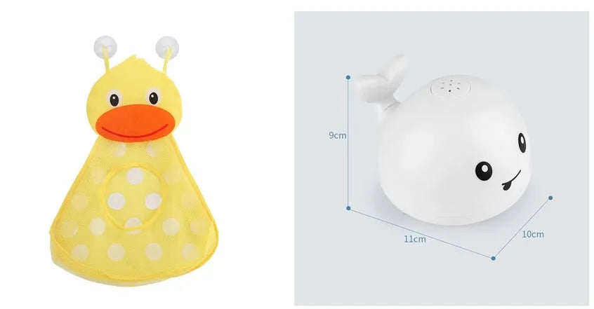 White and blue electric whale bath toy spraying water with lights on a base.