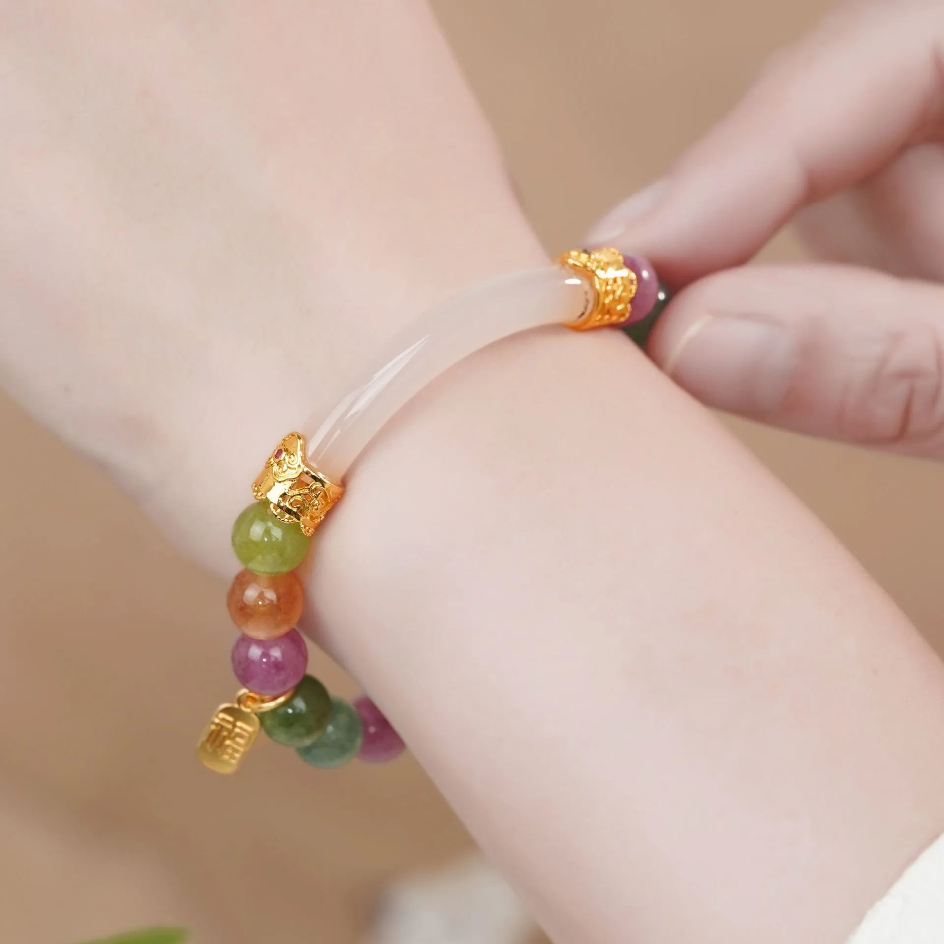 Natural jade rainbow tourmaline half bracelet for women with electroplated finish, 20g weight