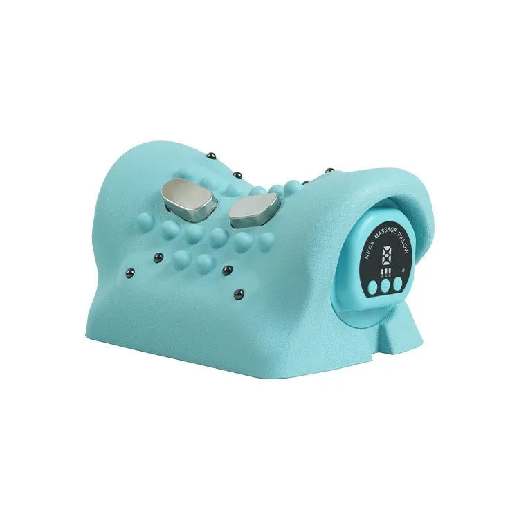 Blue-green cervical spine massage pillow with EMS pulse massage, hot compress and vibration functions