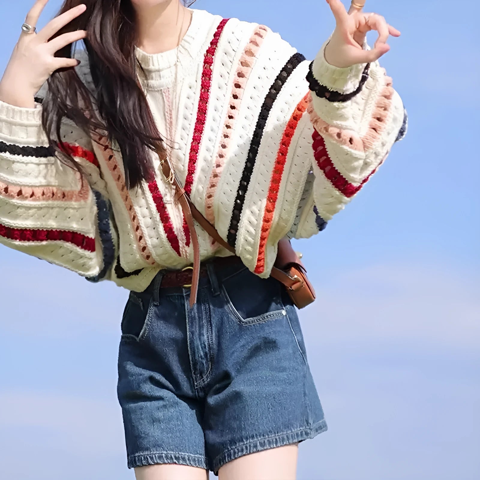 Rainbow striped loose fit pullover sweater with batwing sleeves in retro style