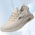 Men's beige casual sneakers with synthetic leather upper, mesh lining, and flat EVA sole on a white background