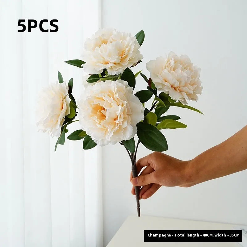 Artificial 5-head peony silk bouquet 40cm in light champagne colour for wedding decor