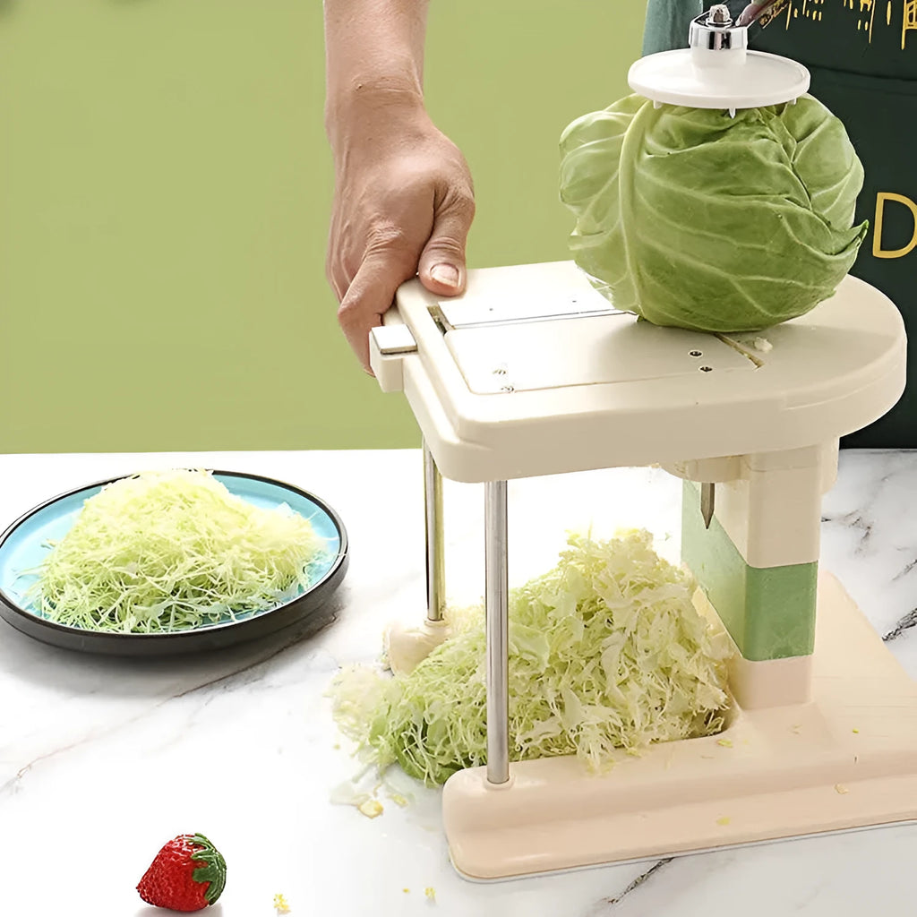 Beige household vegetable slicer chopper with stainless steel blades for shredding potatoes.