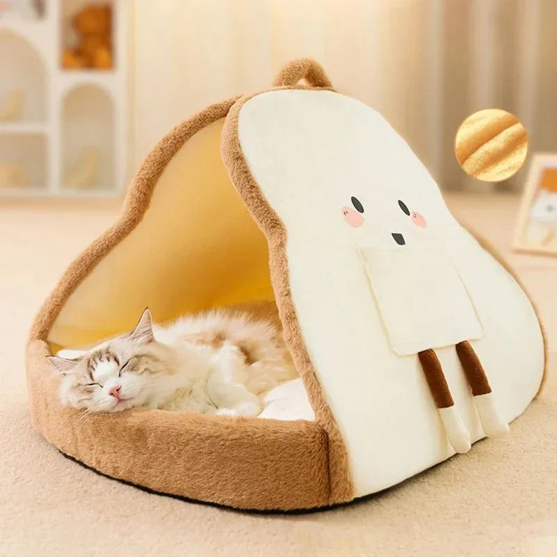 Warm winter cat tent made of felt in green colour, folded and ready for use