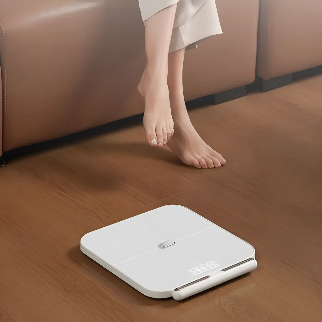 White professional body fat scale with 8 electrodes and tempered glass platform