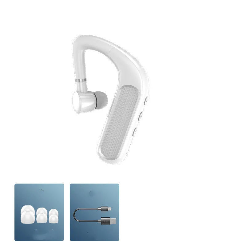 Black Bluetooth earphone with hanging ear design and silicone ear cap, shown with spare ear caps and charging cable.
