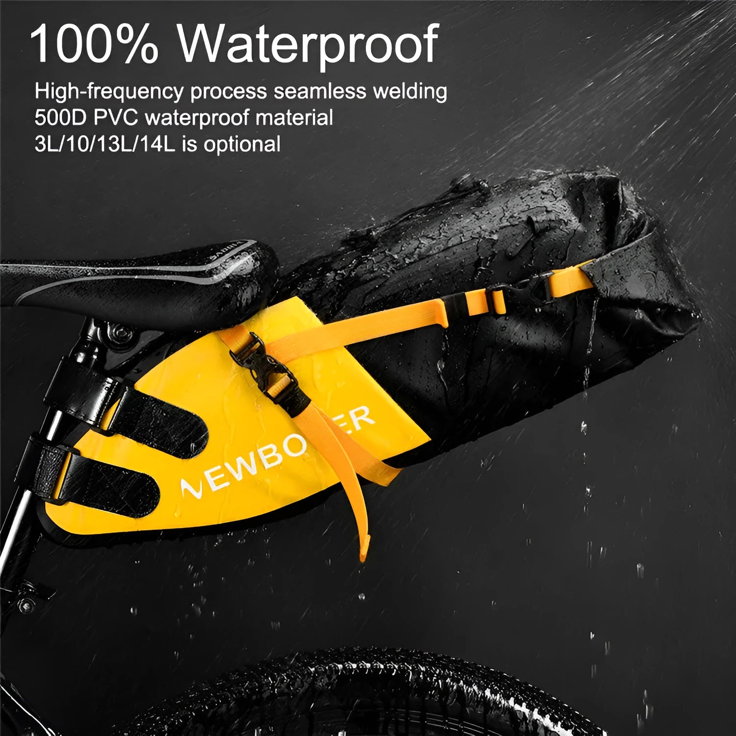 Waterproof PVC bicycle tail bag in black, green, or yellow with 13 litre capacity