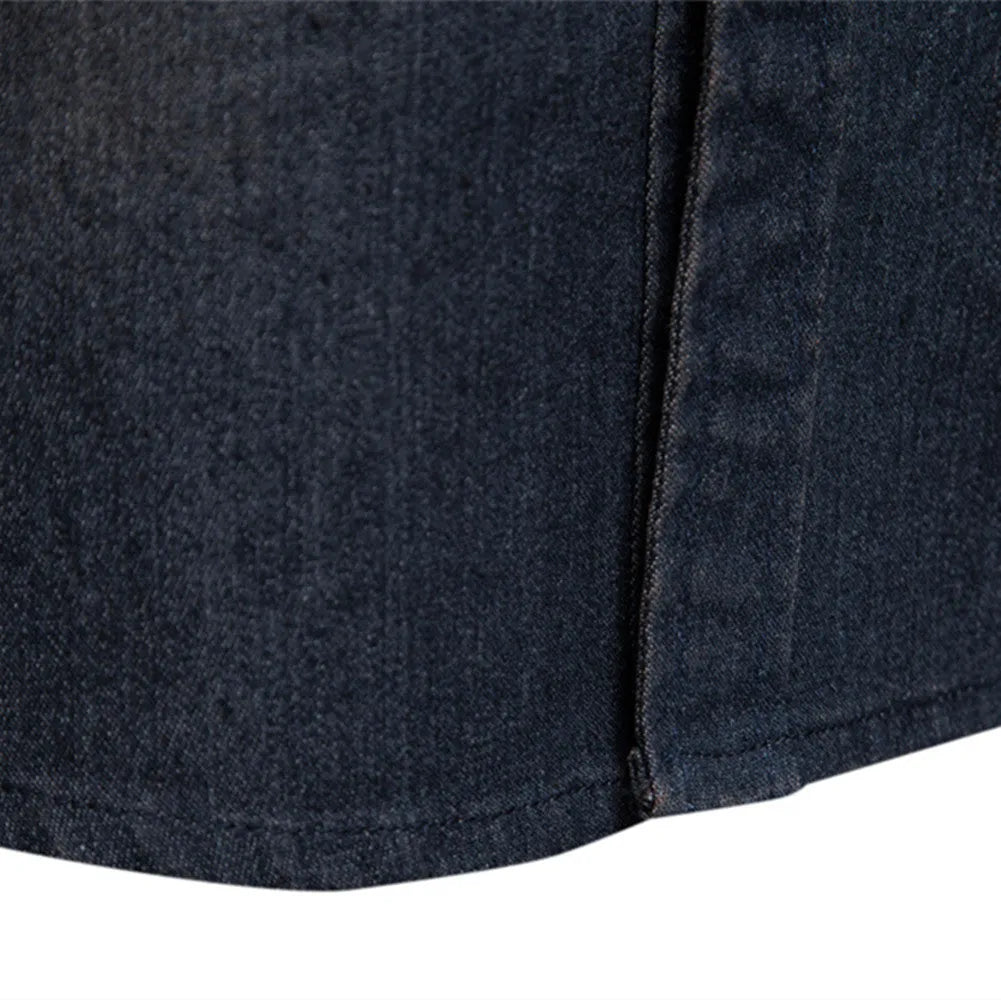 Men's long-sleeved slim fit cotton denim shirt in solid colour available in Black, Light blue, Medium blue, Tibetan Blue