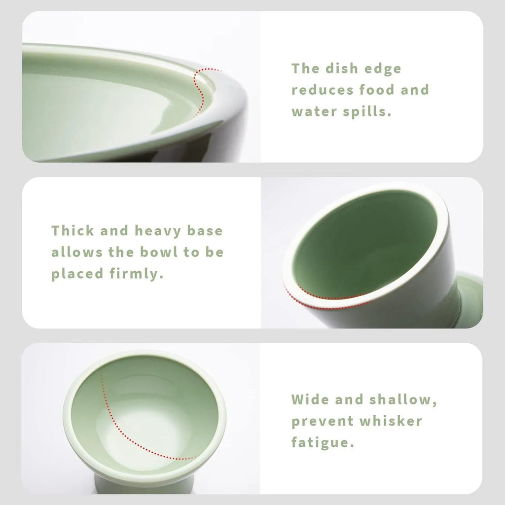 Ceramic elevated cat food bowl in blue, green, pink or white with wide shallow design