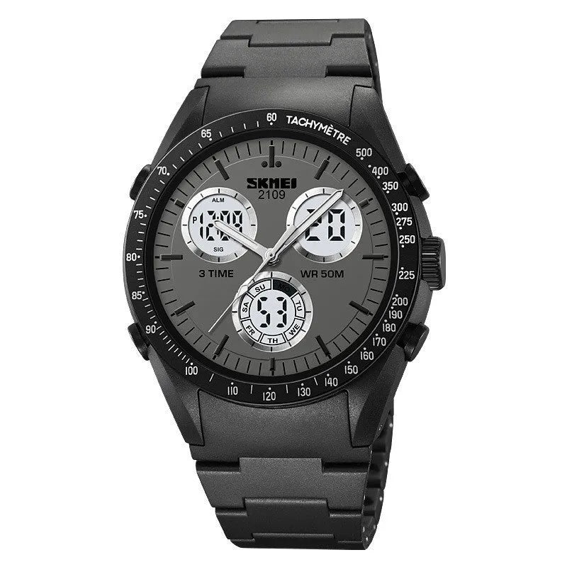 Unisex digital sports watch with camouflage pattern, resin mirror, and TPU strap showing 50m waterproof rating