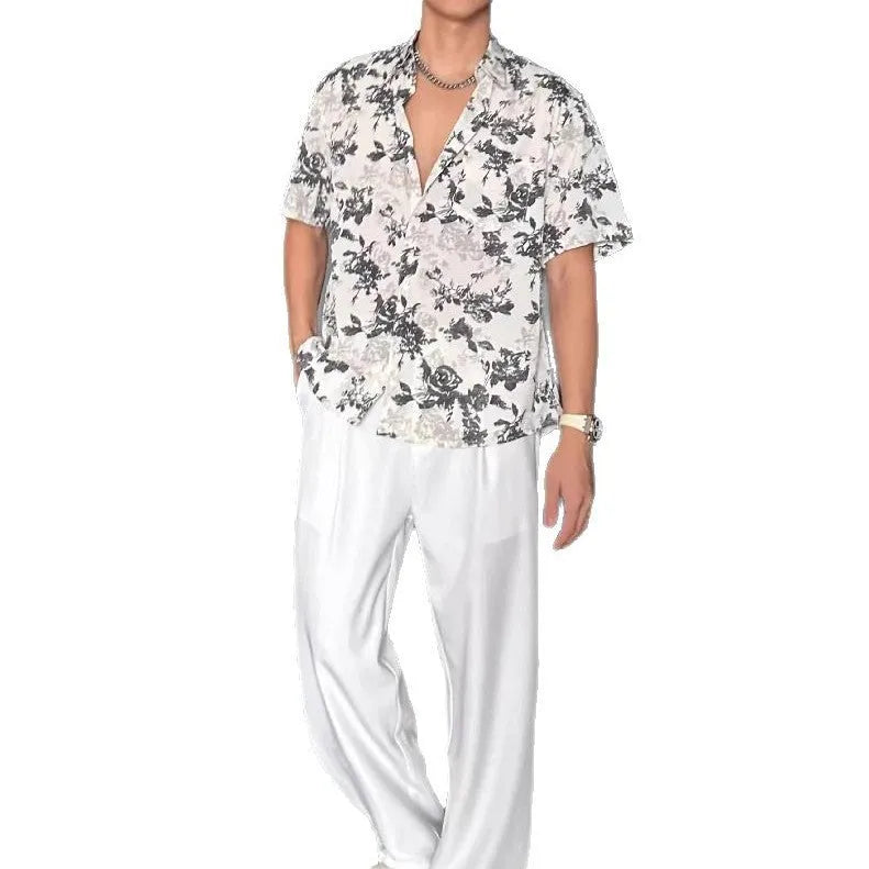 Men's loose casual short sleeve shirt with floral pattern in black or white colours