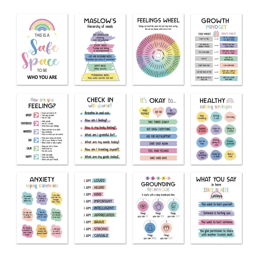 Set of 12 mental health posters on coated paper with bright film finish, each 255x355mm, with 60 glue dots