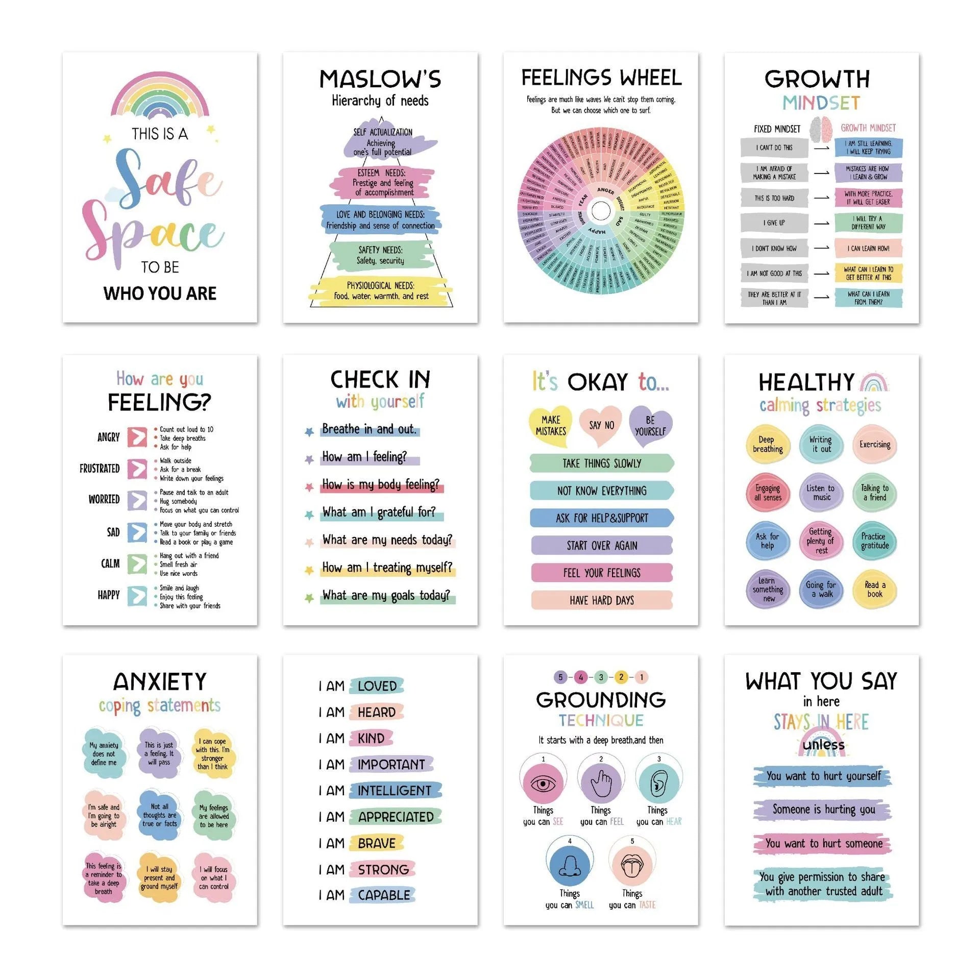 Set of 12 mental health posters on coated paper with bright film finish, each 255x355mm, with 60 glue dots
