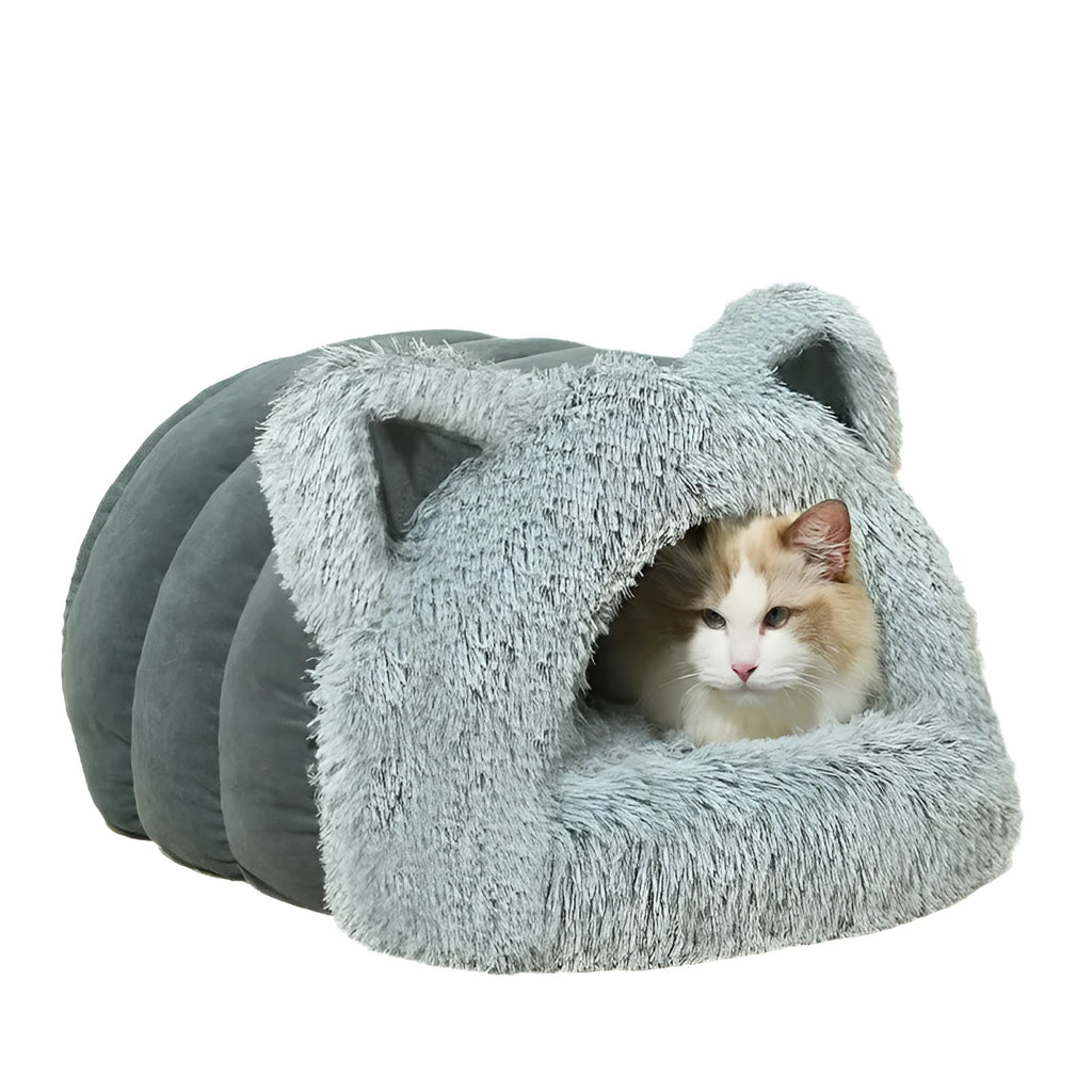Plush cat and dog bed with raised collar and cat ear decoration in blue, size M