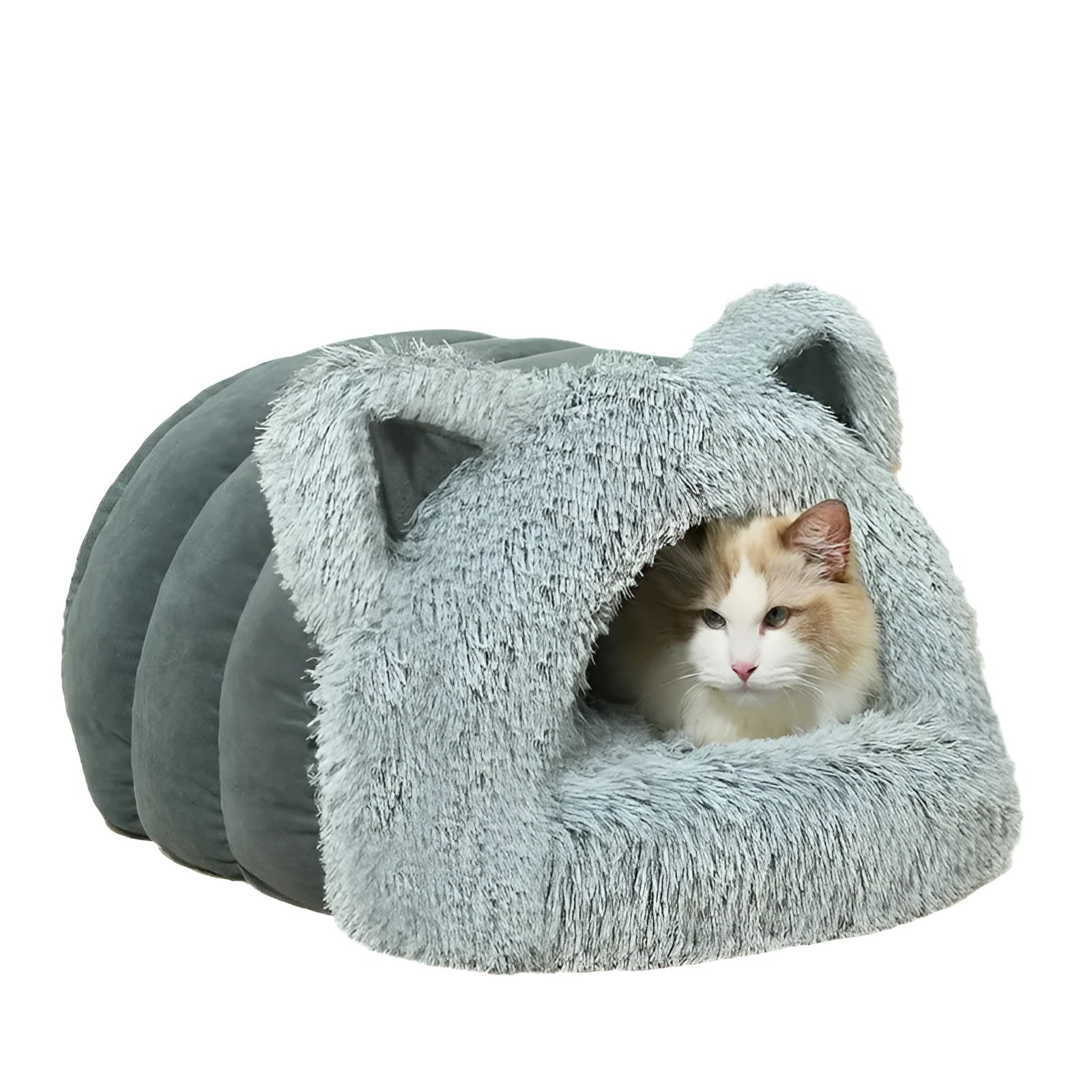 Plush cat and dog bed with raised collar and cat ear decoration in blue, size M