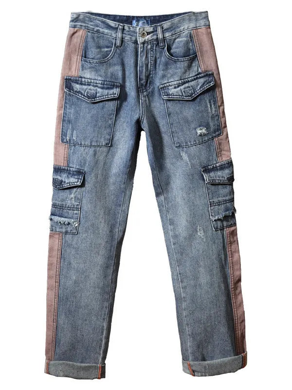 Men's hip hop retro multi-pocket denim trousers in 1908 Blue, high waist, straight-leg loose fit, cotton fabric
