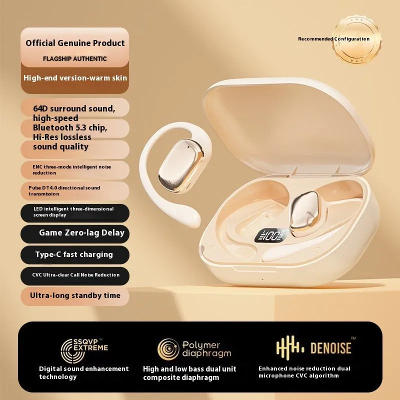 Ear-mounted headphones with digital display screen in black, white and skin colour options