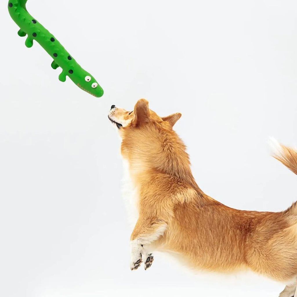 Green cartoon lizard shaped dog chew toy with squeaker for aggressive chewers