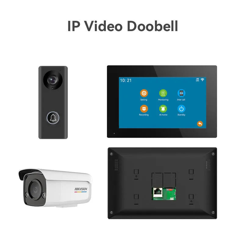 10-inch HD video intercom doorbell system with outdoor camera and indoor monitor unit.