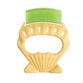 Shell-shaped plastic pet grooming brush with fine bent wire bristles in green colour