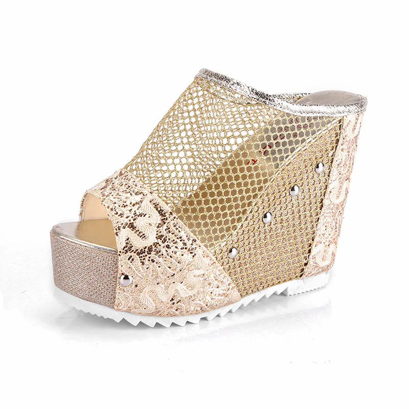 Korean chunky heel platform flip-flops with hollowed-out design in black, gold, or silver on a viscose sole.