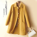 Women's wool double-faced mid-length coat with pearl buckle, doll collar, and front pockets in solid colour