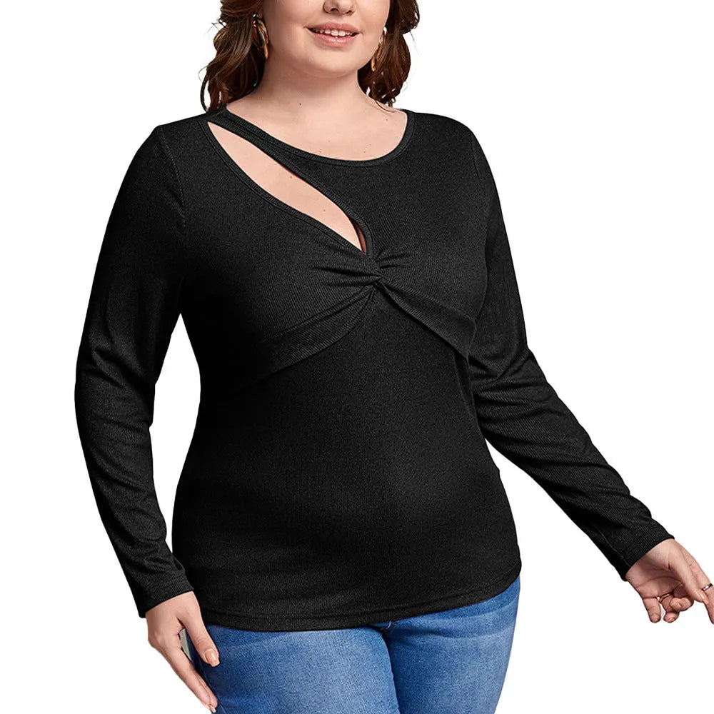 Women's slim-fit black long-sleeved top with delicate hollow-out design, plus size 1XL to 3XL