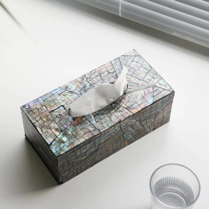 Natural shell tissue box storage container in black with removable organisation for coffee tables