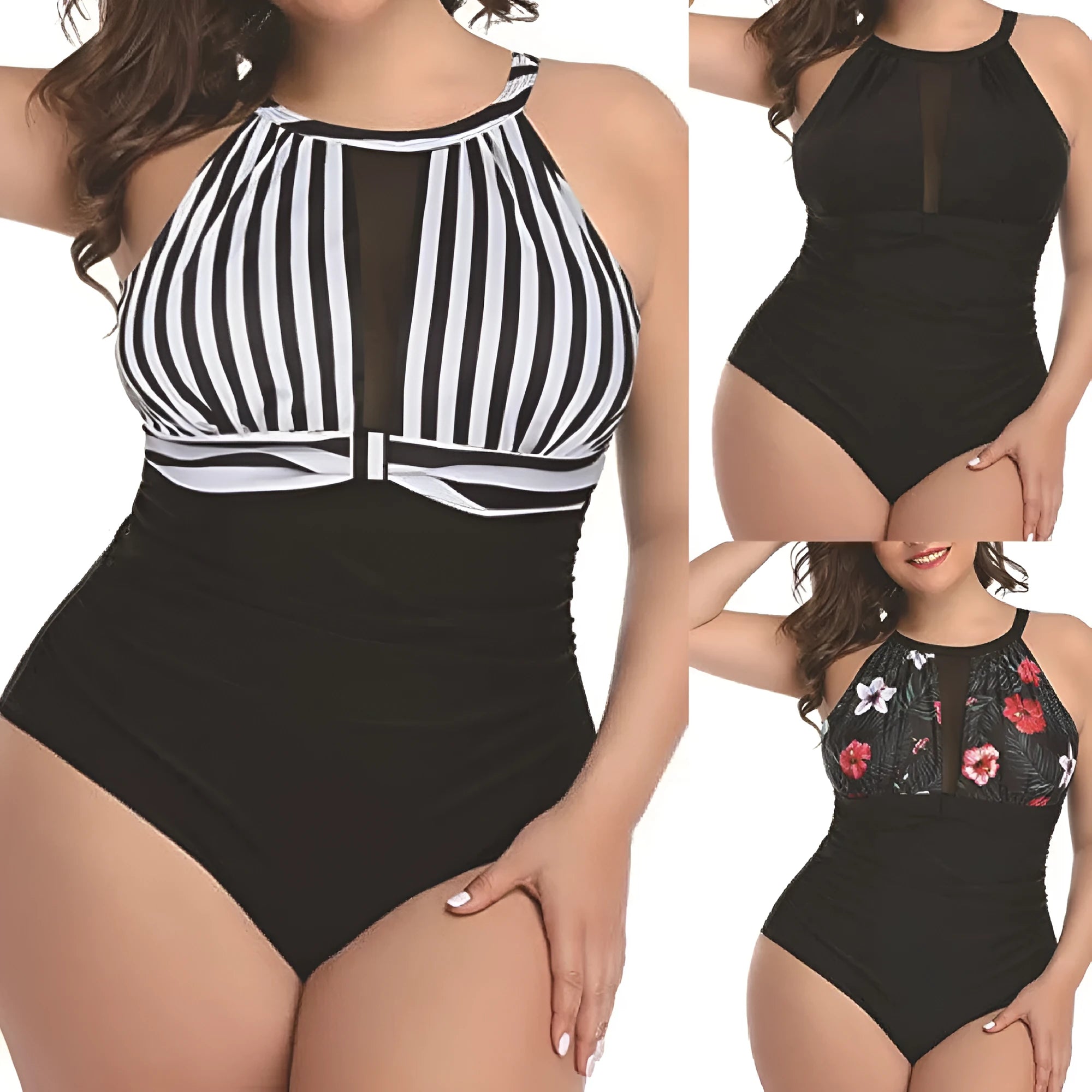 Women's black one-piece swimsuit with lace detailing, shown alongside red flower and striped pattern options.